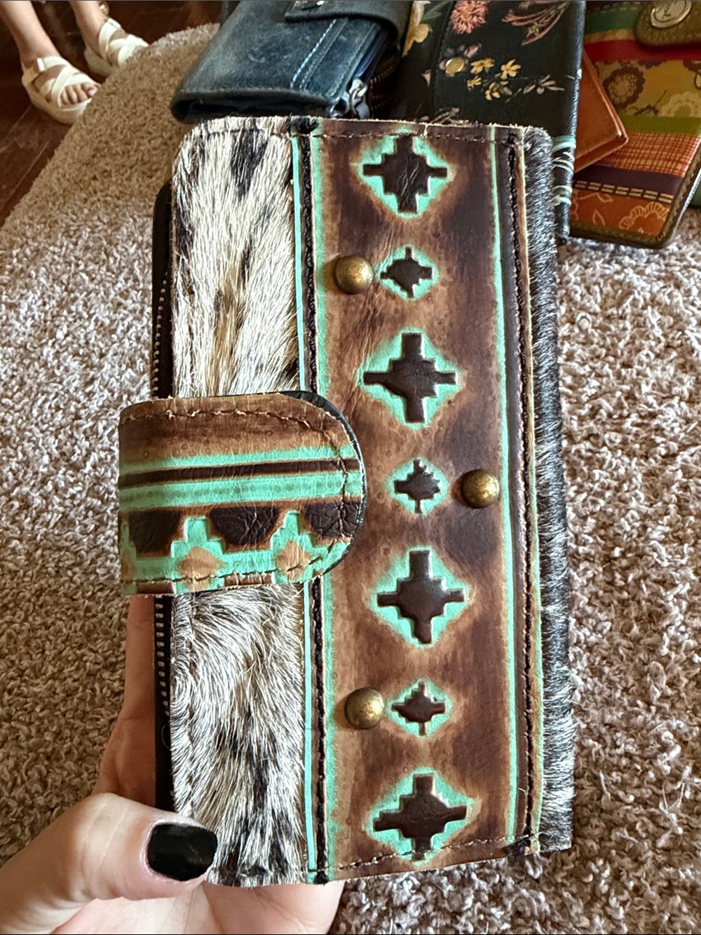 American Darling Cowhide Leather Western Wallet Cross Studs Turquoise Accent